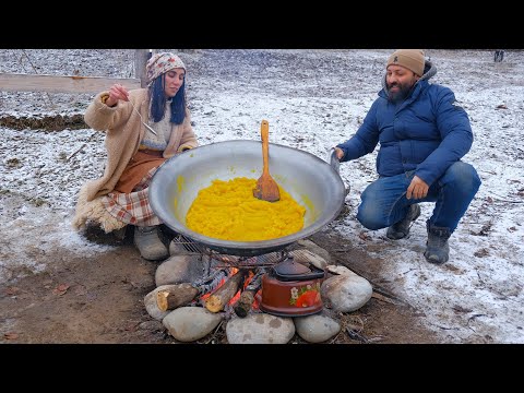 Cooking Traditional Azerbaijani Halva in an Icy Village! A Challenging but Relaxing Winter Day