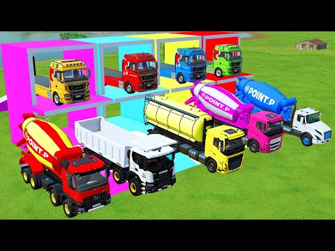 TRANSPORTING EXCAVATOR, MIXER TRUCK, BULLDOZER, SCANIA BUS, AMBULANCE WITH VOLVO TRUCK - FS22