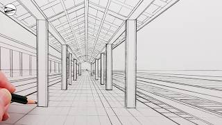 Drawing a Railway Station in One-Point Perspective: Easy
