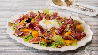 Mis invitados no dejaron nada.  Ensalada de burrata con mango, higos y jamón.