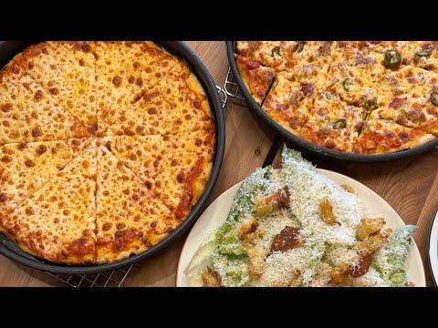 Bar style pizza and caesar salad