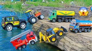 Mahindra Thar HMT Tractor Red Crane JCB 5CX Accident Mountain River Pulling 2 TATA Dumper ? CS Toy