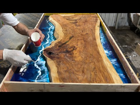 Outstanding Ideas From Epoxy Glue - Creative Design Blue Beach Table Sample Epoxy And Natural Wood