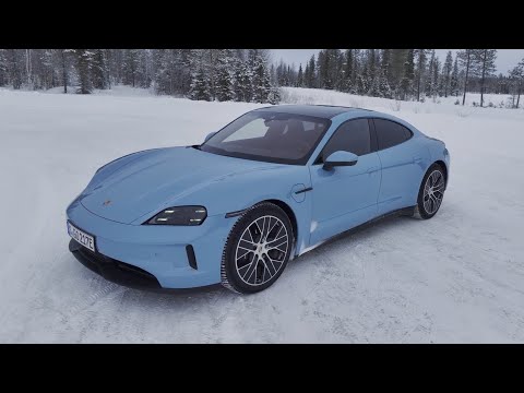 New 2025 Porsche Taycan 4 Frozen Blue Metallic - Driving in Snow