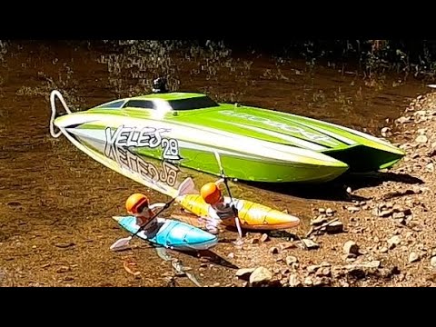 2X RC KAYAK & SEA-DOO ON RIVER+CATAMARAN 6S JUMPING,SPEED TEST AND MORE.