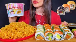 ASMR EATING CARBONARA NOODLES + SUSHI PLATTER MUKBANG