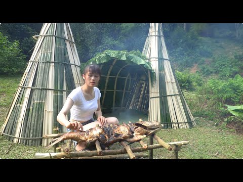 Camping in the forest to cooking fish - Bushcraft wilderness survival shelter