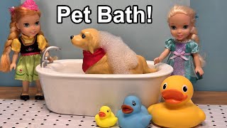 Pet Bath ! Elsa & Anna toddlers - muddy dog & cat - bubbles shampoo