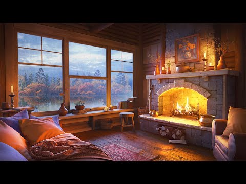 Rainy Autumn Day - Fall Ambience with Relaxing Fireplace & Rain Sounds in the Lakeside Cabin