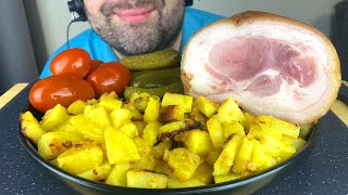 ASMR HOMEMADE FOOD GIANT CRISPY PORK KNUCKLE, FRIED POTATOES, PICKLES, TOMATOES MUKBANG (EATING)