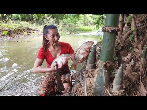 Yummy fish curry with bamboo shoot, Survival skills in forest