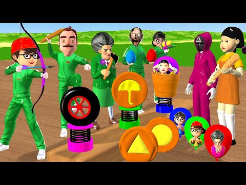 Scary Teacher 3D vs Squid Game HoneyComb Candy and Wheel and Mask Balloon Flying 5 Times Challenge