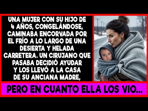 Una mujer con su hijo de 4 años, congelándose, caminaba encorvada por el frío a lo largo de una...