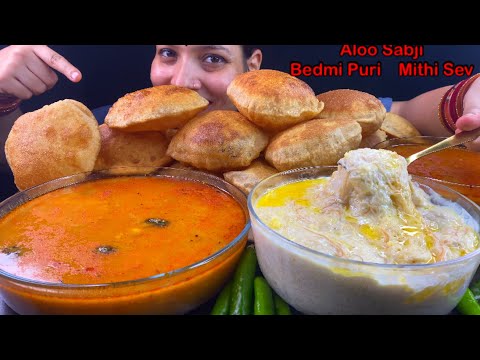 Eating Spicy🔥 Aloo Ki Sabji, Bedmi Puri, Mithi Sev | Indian Food Eating Mukbang | Food Eating Show