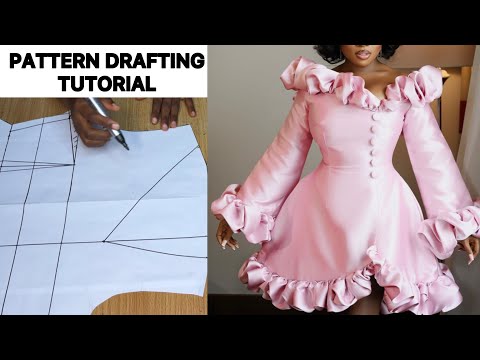 How to Draft Luxury Stylish Flared Dress Pattern with Ruffled Embroidery and Long Sleeves.