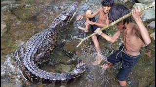 Primitive Technology - Eating delicious - Smart boy catch and cooking crocodile
