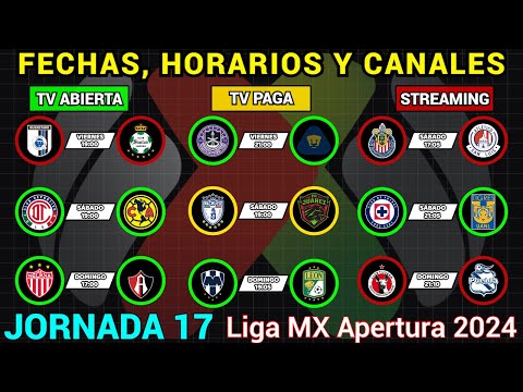 FECHAS, HORARIOS y CANALES CONFIRMADOS para los PARTIDOS de la JORNADA 17 Liga MX APERTURA 2024