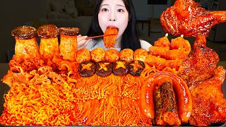ASMR MUKBANG| 직접 만든 불닭 버섯 불닭볶음면 양념치킨 소세지 먹방 & 레시피 SPICY MUSHROOMS AND FIRE NOODLES EATING