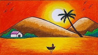 Gambar Pemandangan | Cara Menggambar Pemandangan Sunset Gunung dan Danau Dengan Oil Pastel