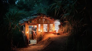 2hari solo camping membangun shelter atap bambu susun perapian dengan tanah||hujan deras dan petir