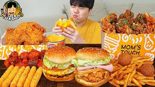 ASMR MUKBANG 맘스터치 양념 치킨먹방! 치즈 햄버거 치즈스틱 후라이드치킨 & 레시피 CRISPY FRIED CHICKEN CHEESE BURGER EATING SOUND!