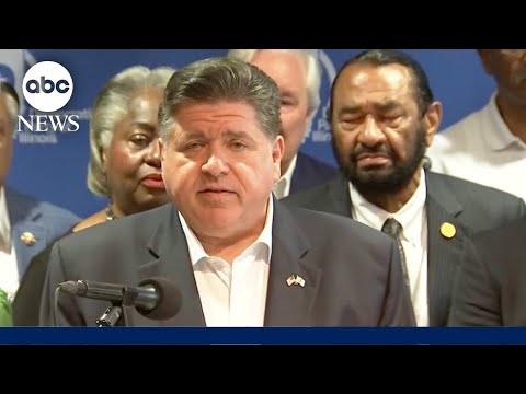 YouTube video thumbnail: Illinois Gov. JB Pritzker Welcomes Texas Democrats Who Fled State Over GOP Redistricting Plan