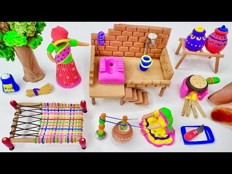 DIY How to make polymer clay miniature Village House, Washroom Set, Kitchen Set, Tree, Charpai