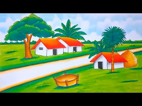 How To Draw Easy Scenery Drawing Beautiful Landscape Village Scenery Step by Step with Nature