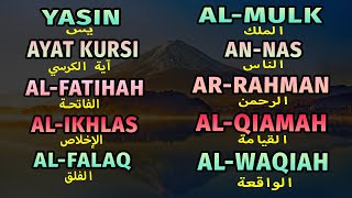 Yasin, Ayat Kursi, Al Fatihah, Al Ikhlas, Al Falaq, Al Mulk, An Nas, Ar Rahman, Al Qiamah, Al Waqiah