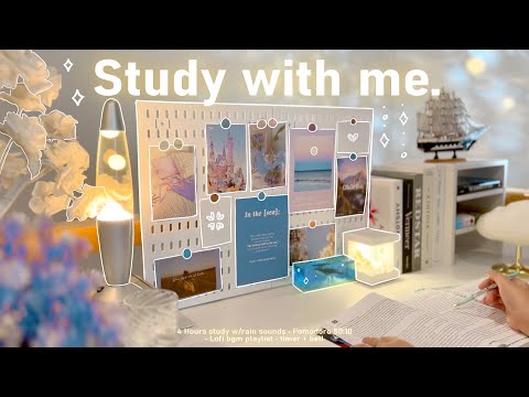4-HOUR 🦋🪻Study With Me • Rain sounds 🌧️ + Lofi bgm • Pomodoro 50-10 • Day229⭐
