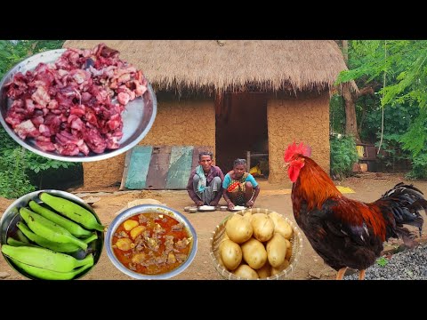 80 years old grandma cooking RED COUNTRY CHICKEN CURRY and eating || rural lifestyle in RAIN season