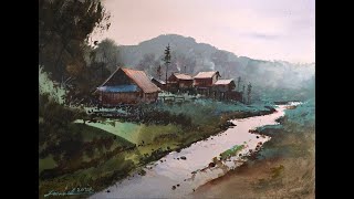 How to paint peaceful riverside cabins in Watercolor