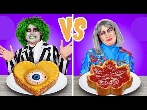 Me VS Beetlejuice VS Grandma Cooking Challenge! Comida doce e divertida do 123 GO!