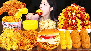 ASMR MUKBANG| 맘스터치 햄버거 양념치킨 치즈볼 치즈스틱 불닭볶음면 먹방 & 레시피 FRIED CHICKEN AND BURGER EATING