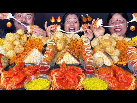 SPICY CHILLI MOMO, CHICKEN SATAY, PANI PURI, NOODLES, CHICKEN LOLLIPOP STREET FOOD EATING CHALLENGE