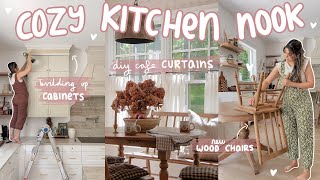 building a cozy KITCHEN NOOK! window bench & chairs, diy cafe curtains + decor