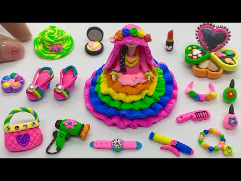 DIY How to Make Polymer Clay Miniature Rainbow Dress, Makeup set, Eyeshadow, Doll shoes, Bag