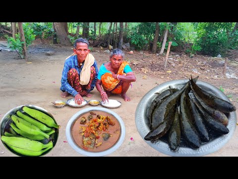 80 years old grandma & grandpa catch FISH from river and cooking || MAGUR FISH cooking and eating