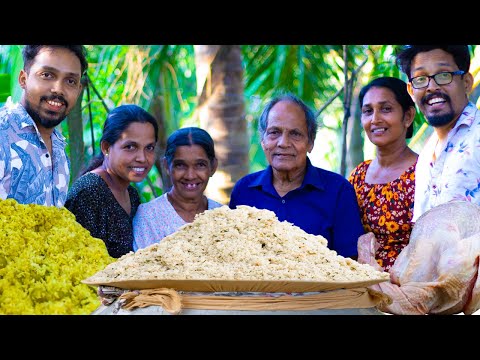 Giant Coconut pittu / puttu recipe cooking in village with chicken curry and coconut milk gravy
