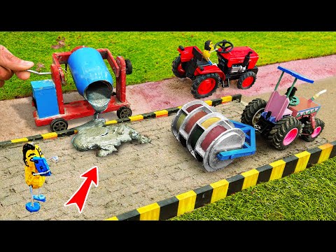 Top DIY Tractor making Mini Concrete Road | diy Road Roller Rescues Heavy Tractor Stuck in Mud