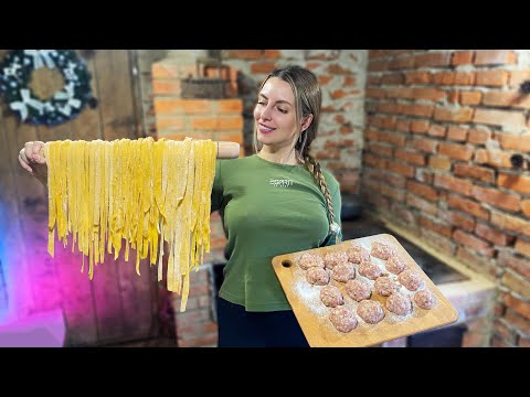 Cooking Homemade Pasta with Meat Balls l Village Cooking ASMR