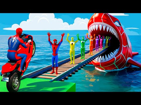 الأبطال الخارقين على القضبان دوامة قمع جسر 🎯🏍️ RAINBOW SPIDER MAN! on Motorcycle in Spiral Brid