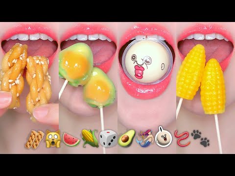 ASMR EMOJI FOOD 🙀🍉🌽🎲🥑🧜🏻‍♀️🪱🐾 이모지 먹방 TANGHULU, JELLY, CANDY EATING SOUNDS MUKBANG
