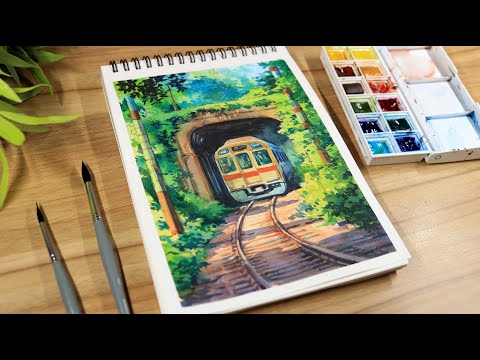 Watercolor Painting of Beautiful Ghibli Tree Tunnel