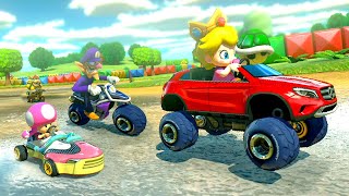 MarioKart 8 Baby Peach drives Mercedes GLA Bowser Waluigi DK Jungle Tanooki Mario Toadette Morton