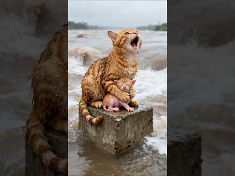 HOPE IN DESPAIR! Crocodile Rescues Orange Tabby Mom and Kittens from Floodwaters! 🐊🐱🌊#hailuoai
