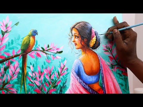 Painting of an Indian woman with a bird | Acrylic on canvas | painting 561