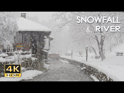 4K HDR Snowfall & River - Stream Sounds & Heavy Snow Falling - Snowy Winter Village Scenery - Relax