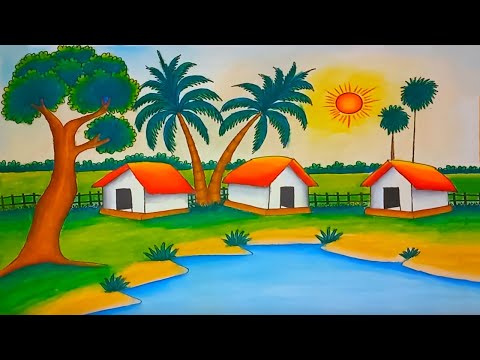 How to Draw a Beautiful Village Scenery with Sunrise | Easy Scenery Drawing Step by Step