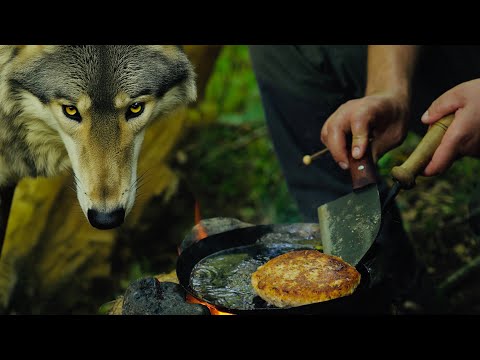 Camping Alone by the River, Swedish Fire, Fish Burger, Relaxing in an Awning Shelter with My Dog